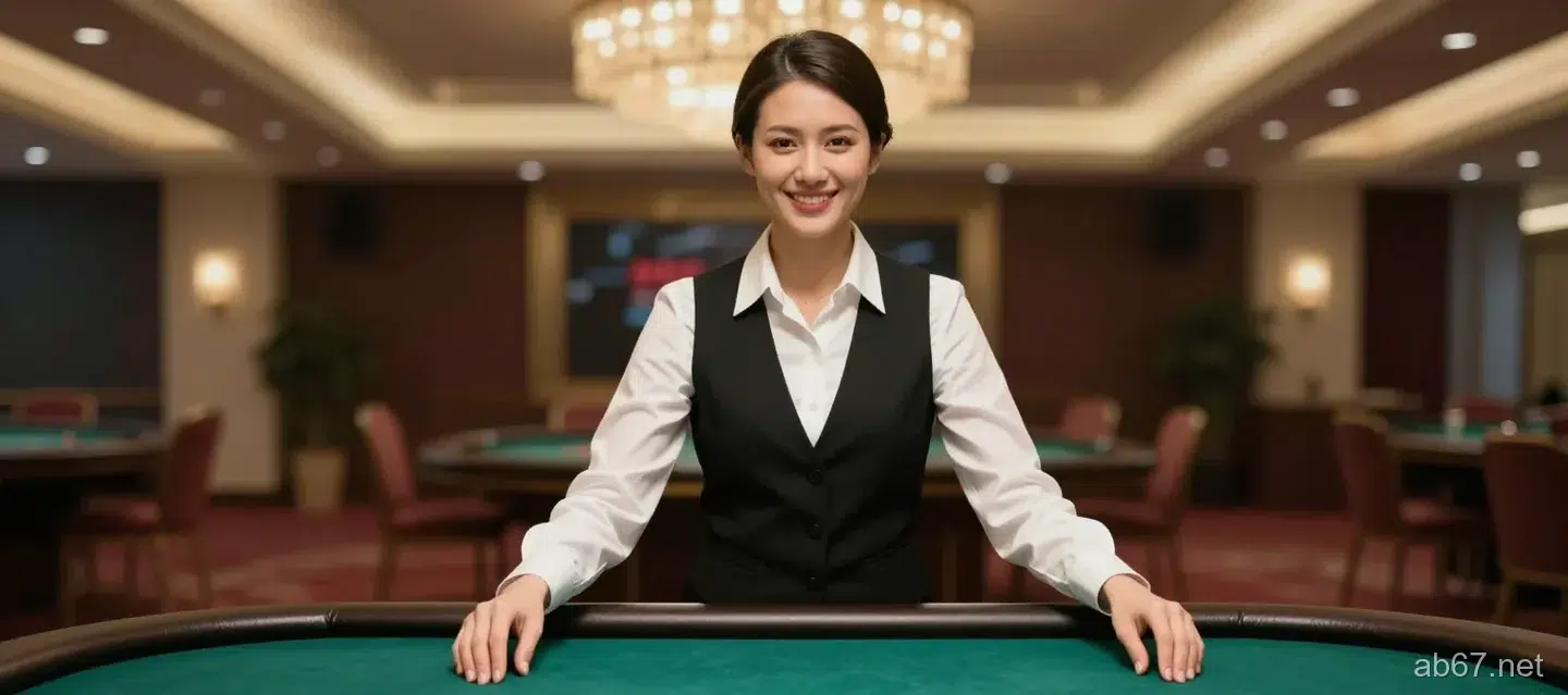 穿白襯衫黑背心的女荷官站在素面深綠絨布牌桌後方微笑,雙手放在桌面上,背景是明亮的賭場大廳