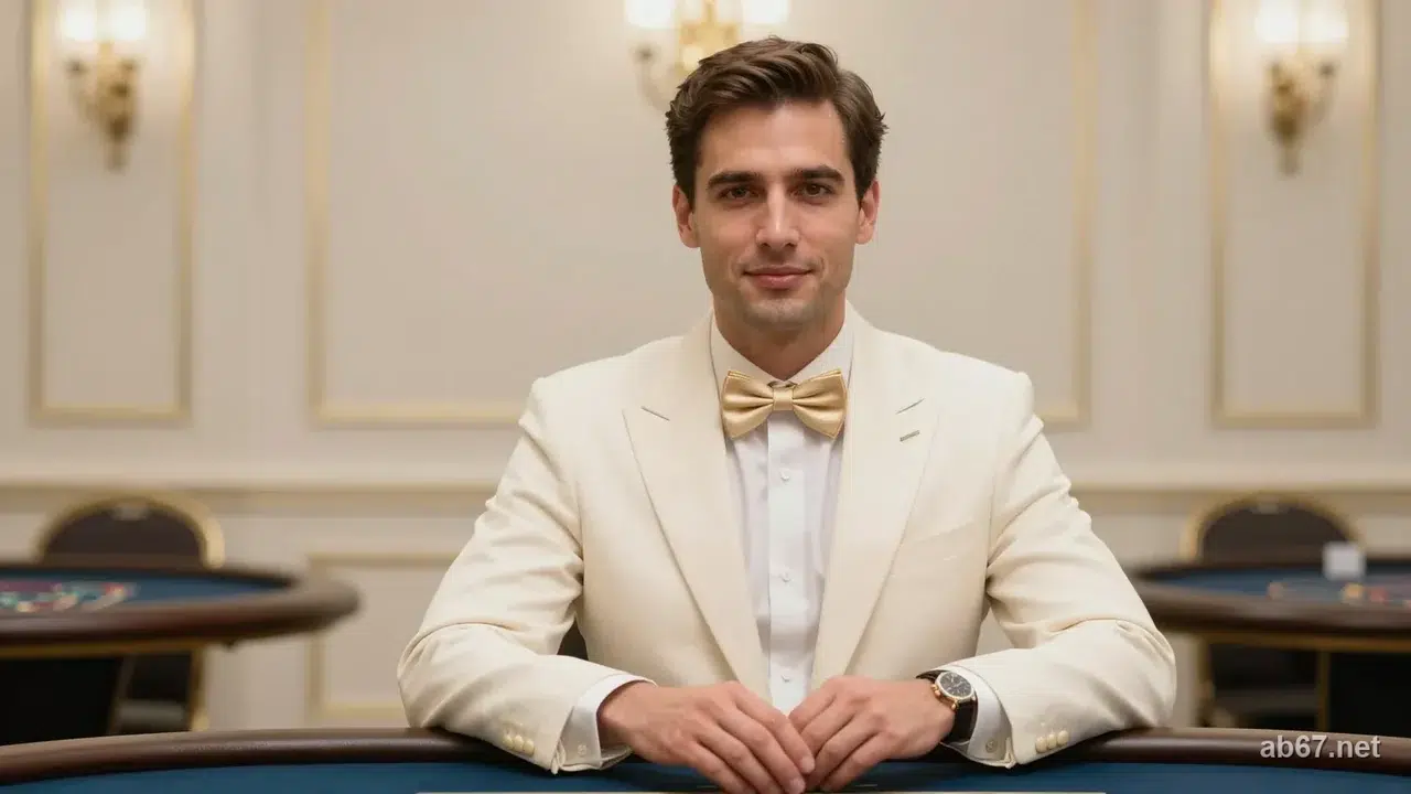 穿米白色西裝外套、白襯衫與淡金色領結的男性百家樂荷官站在桌後,雙手交疊